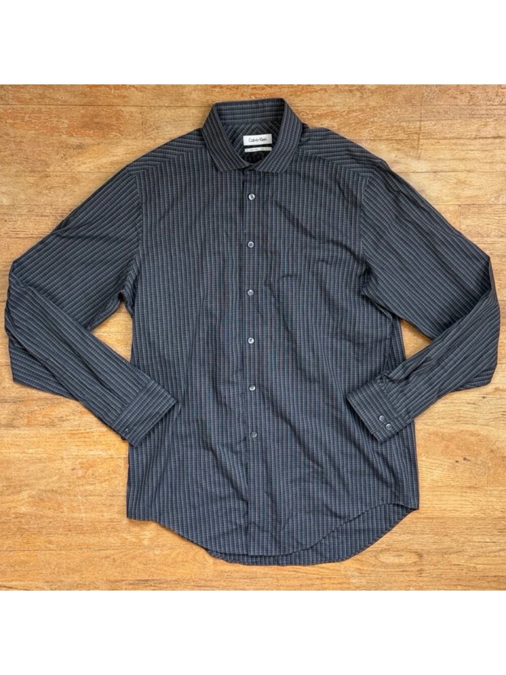 Calvin Klein Mens Dress Shirt Size 16 34/35 Charcoal Gray Plaid Cotton